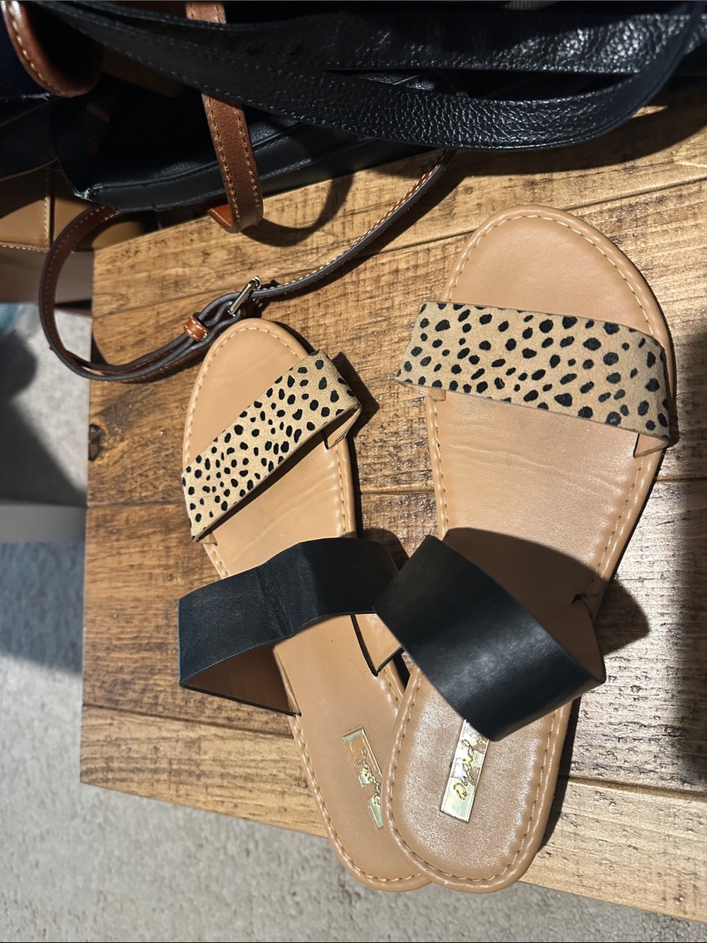 Qupid Black and Tan Cheetah-Accent Two-Strap Slide Sandals
